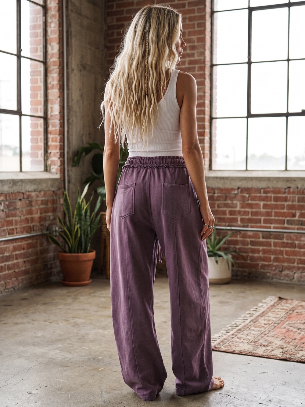 NWT Washed Barrel Drawstring Boho Sweats Sweatpants Relaxed Fit Pants Eggplant - Picture 6 of 11